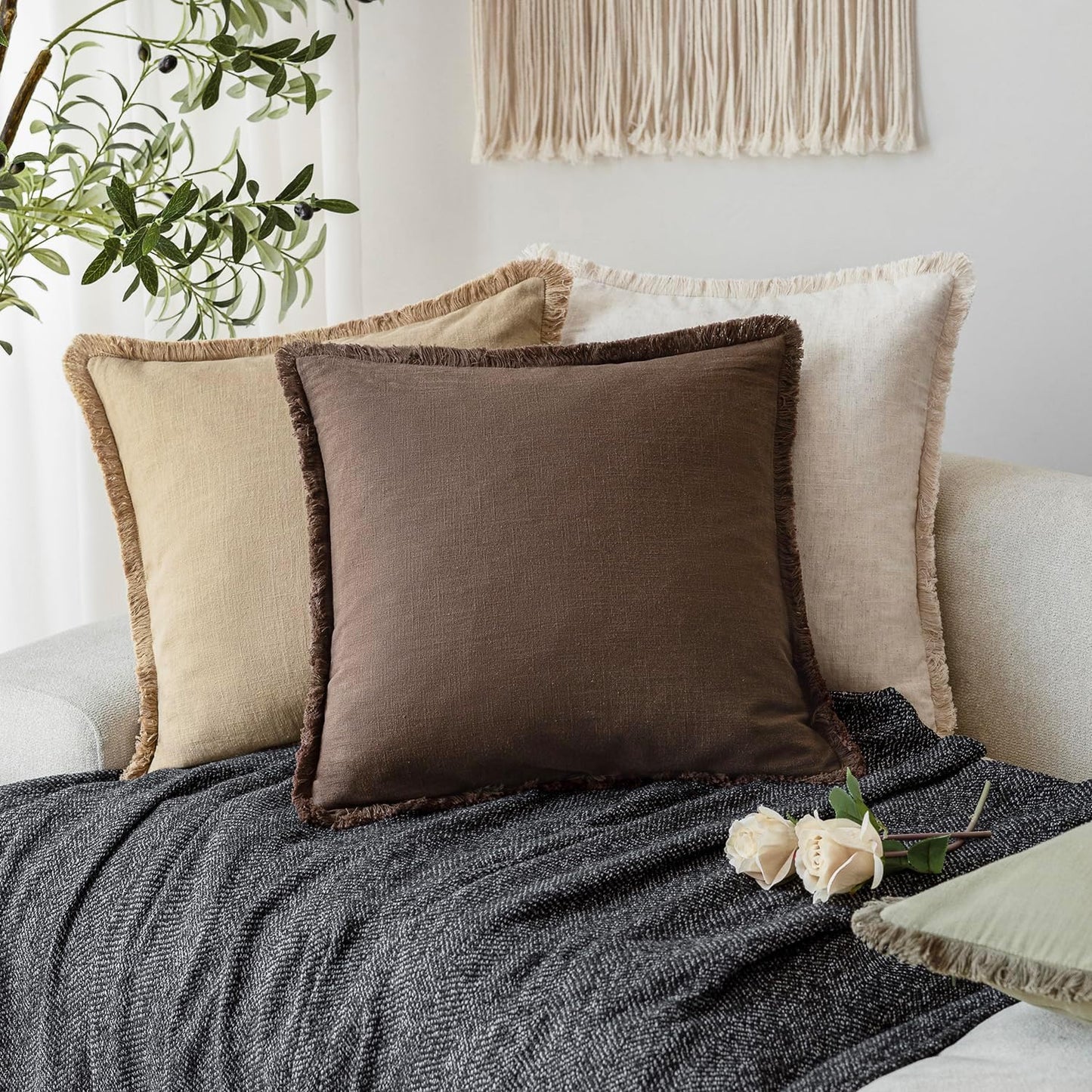 Foindtower Set of 2 Decorative Linen Fringe Throw Pillow Covers Boho Farmhouse Cushion Cover with Tassels Soft Accent Pillowcase for Couch Sofa Bed Living Room Home Decor,24×24 Inch,Reddish Brown