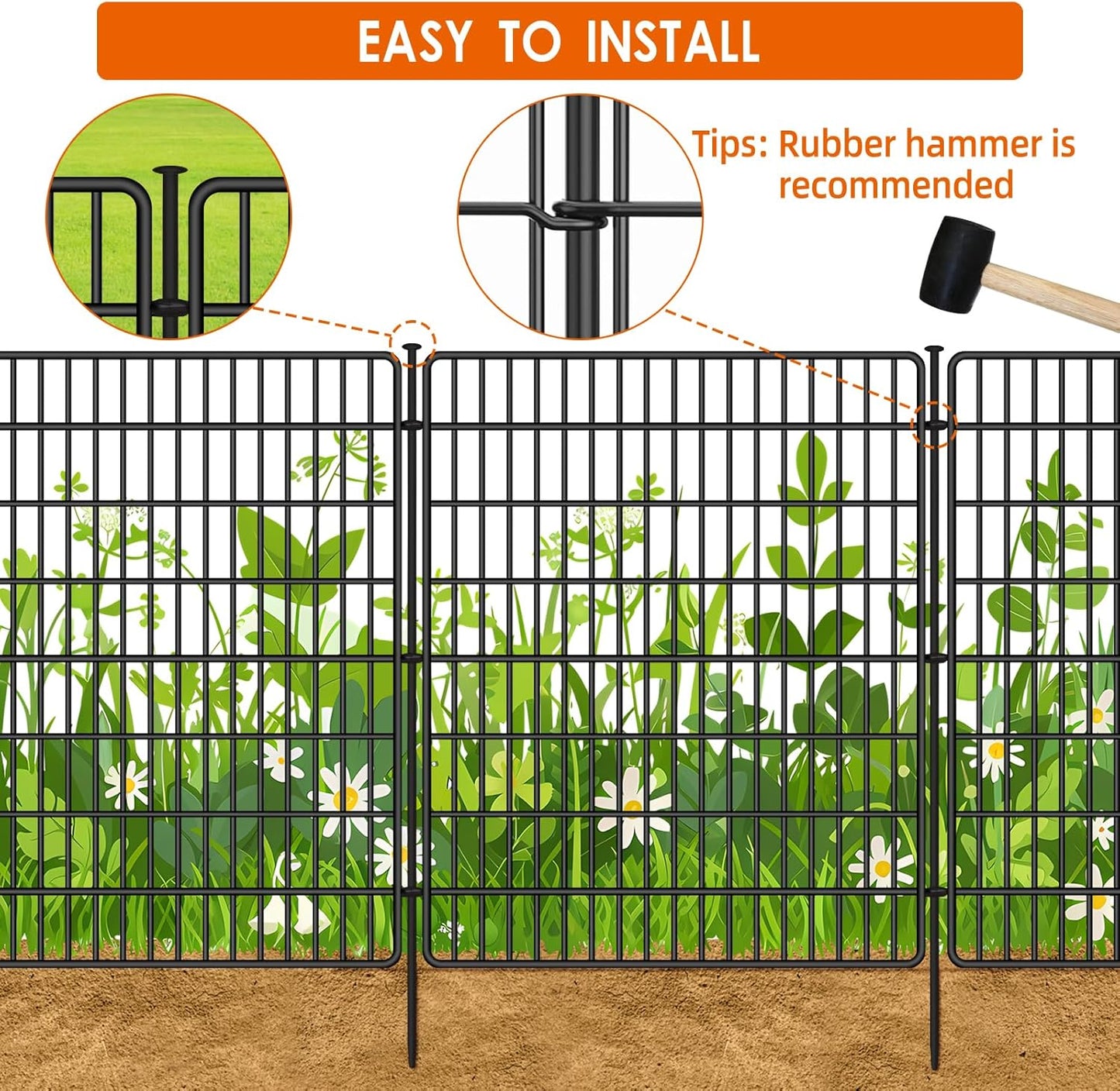 10 Panels No Dig Fence, 32 in(H) X 24 ft(L) Garden Decorative Fence Animal Barrier for Dogs, Rustproof Metal Garden Edging Border for Outdoor, Yard, Patio, Black