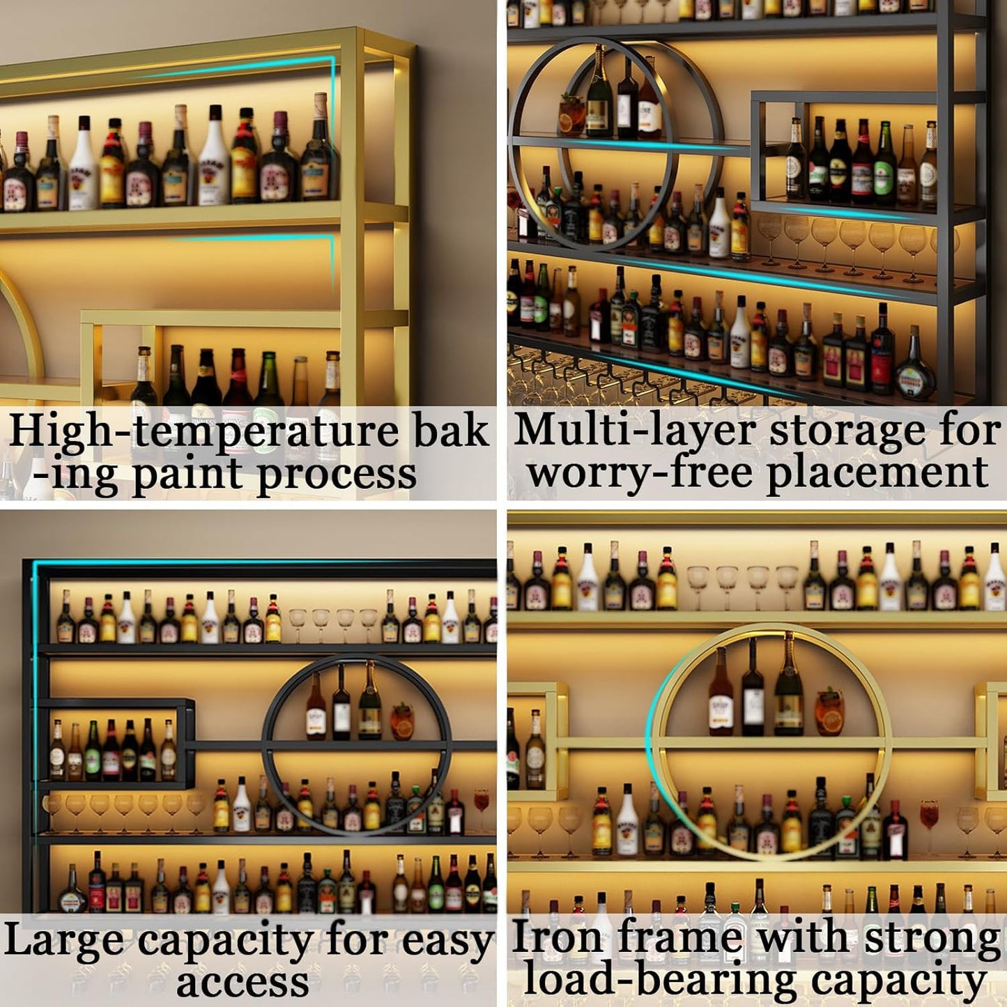 63in Wall Mounted Wine Rack, Modern Metal Wine Bottle and Glass Holder, Iron Display Stand Decorative Wine Rack, for Bar Living Room Dining Room Background (Gold, 63 * 8 * 51INCHES)