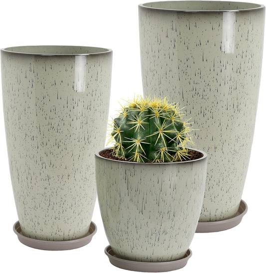 24/21/12 Inch Large Plastic Planter, Lightweight Ceramic-Look Large Flower Pots with Drain Hole & Saucers, Plastic Outdoor Planters for Garden, Patio, Balcony(Glaze White)