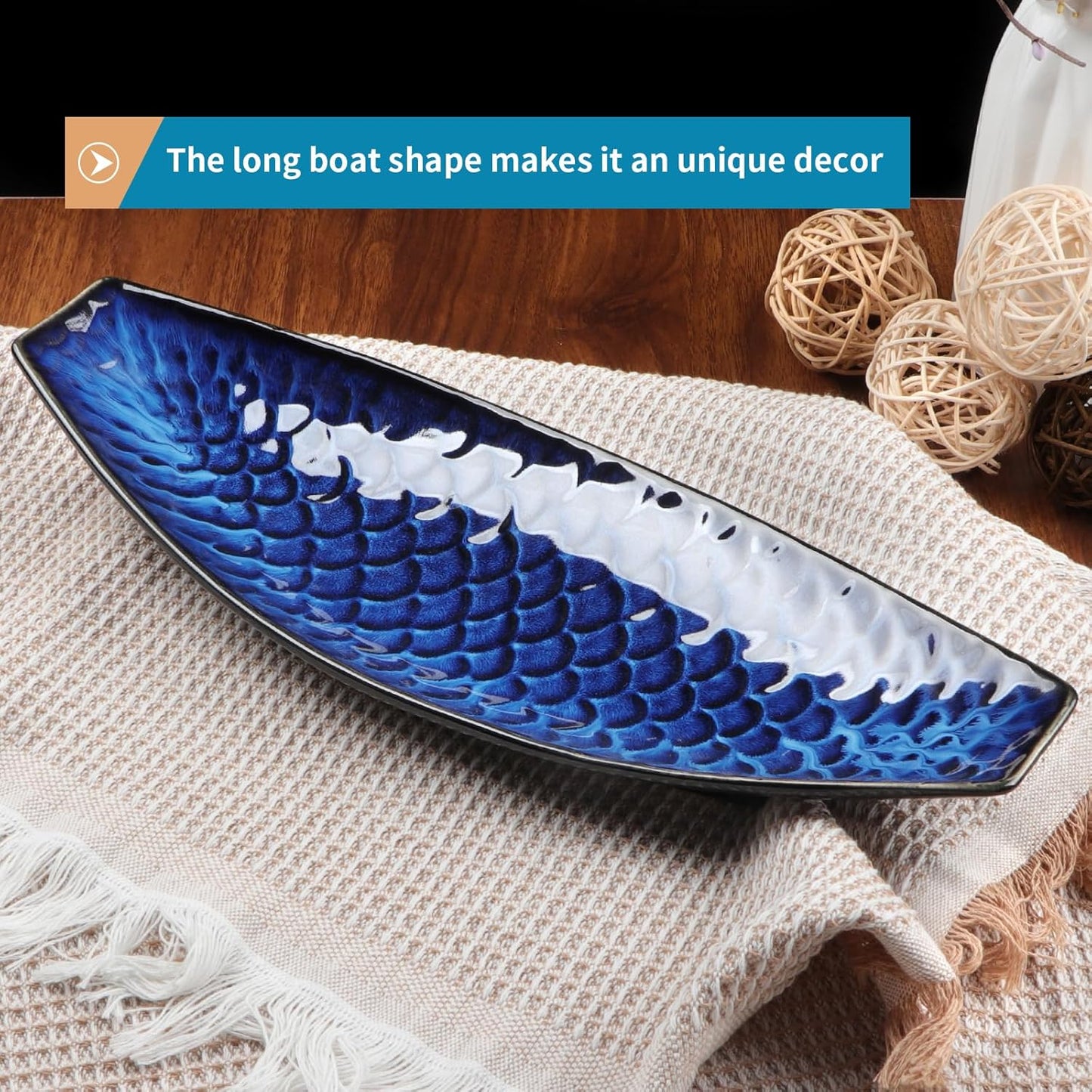 16" Large Ceramic Decorative Tray, Long Boat Shaped Centerpiece Bowl, Multipurpose Serving Platter for Home, Party Decor or Sushi, Fruits, Desserts (Blue)