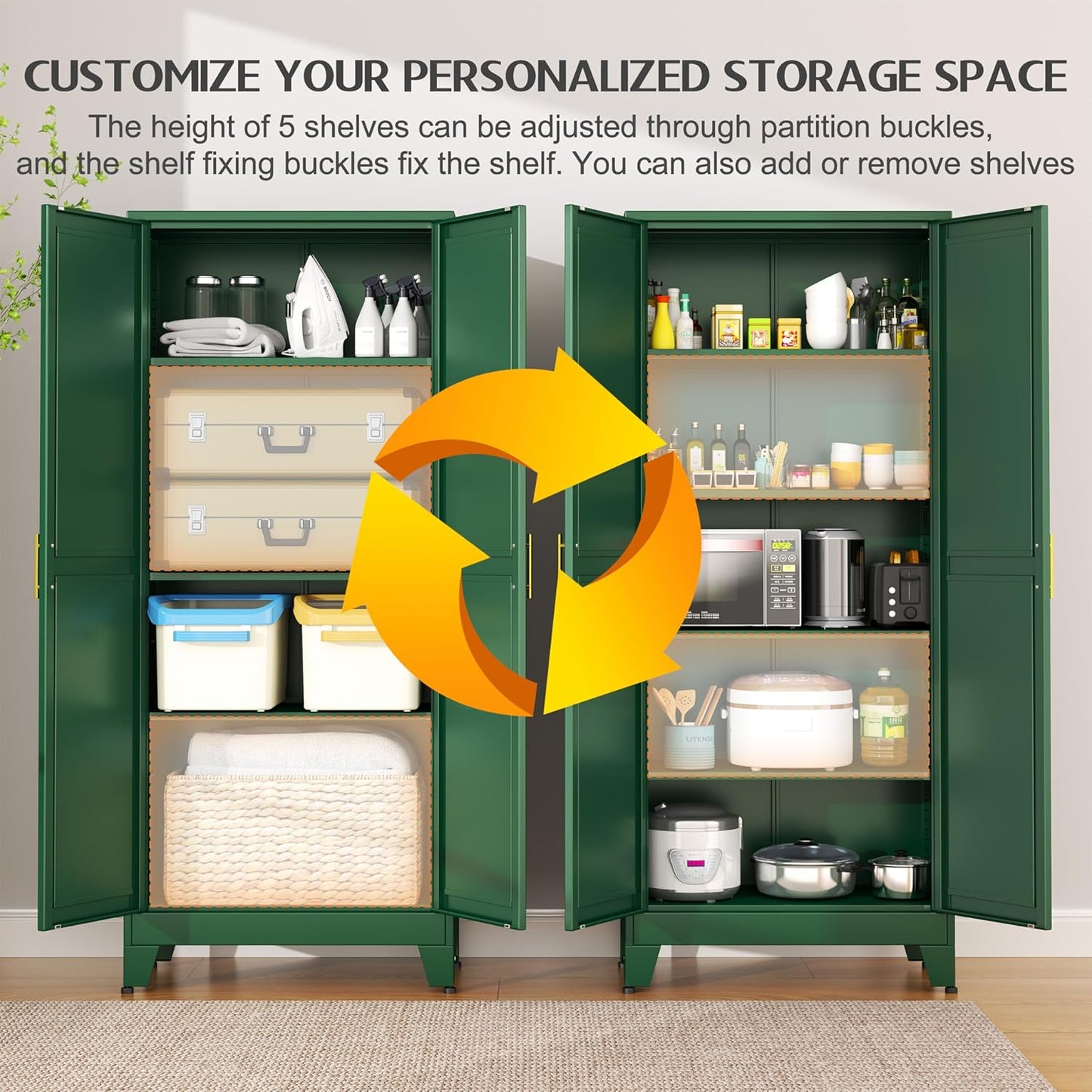 75.2" Tall Kitchen Food Pantry, Pantry Cabinet with 2 Door and 5 Adjustable Shelves, Green Laundry Room Cabinets, Freestanding Pantry for Kitchen, Study Room, Dining Room and Entryway