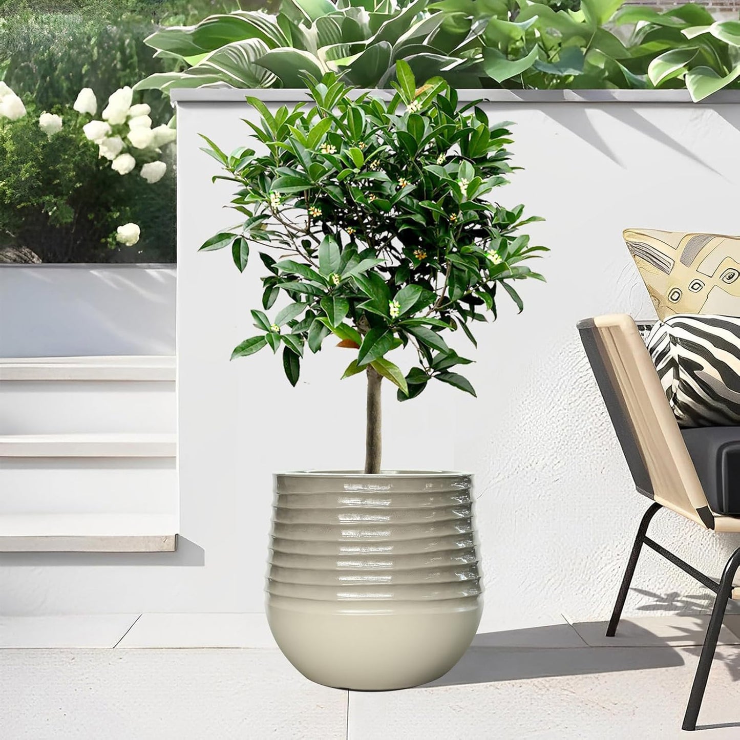 14.5" H Resin Tall Planters for Outdoor Plants,Modern Taupe Round Tapered Plastic Flower Pot for Outdoor and Indoor Plants, Large Plant Pots with Drainage Holes and Rubber Plug for Home Garden Patio
