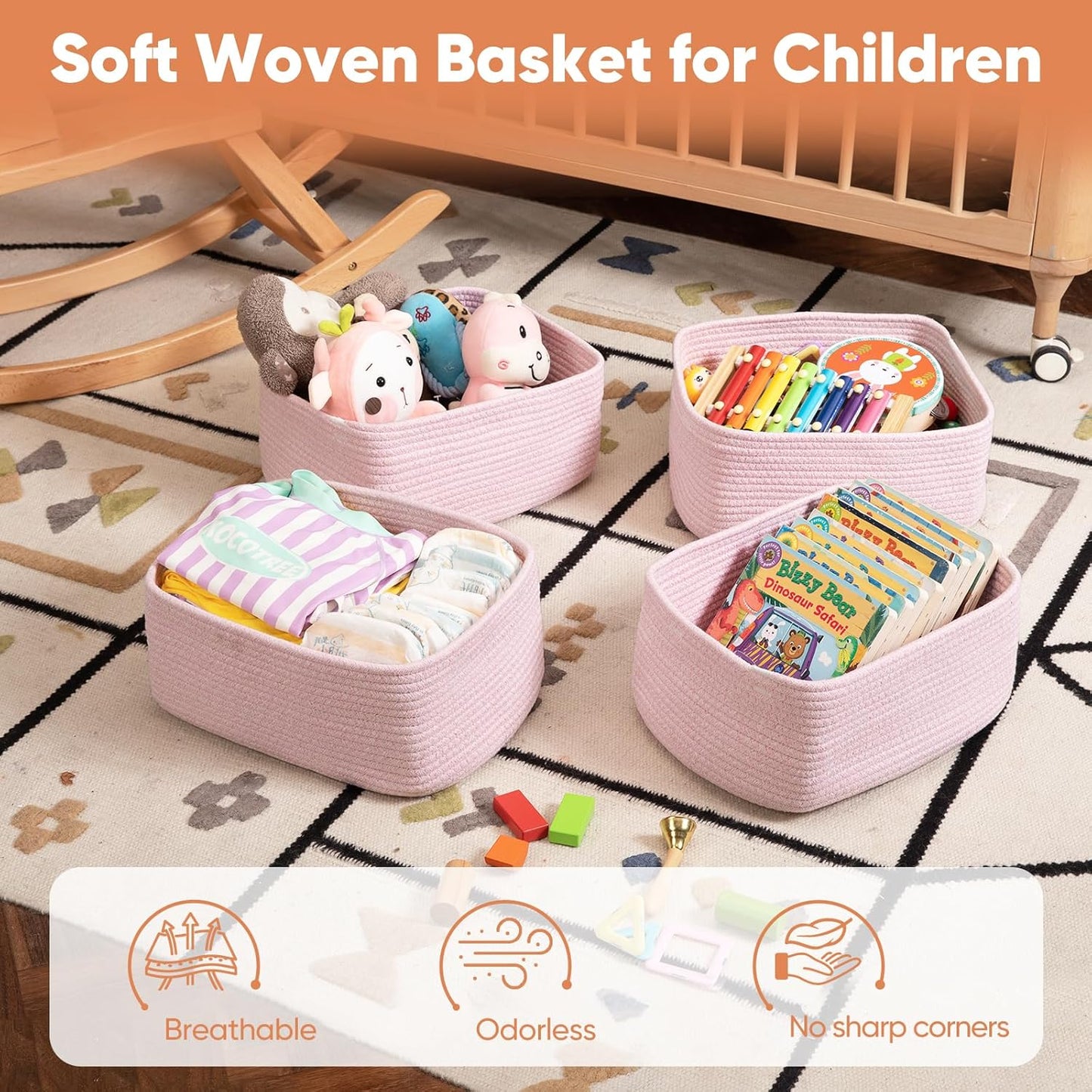 OIAHOMY 4 Pack 14.17*11.02*6.3IN Storage Baskets for Organizing Shelves, Woven Rope Baskets for Organizing Books, Clothes, Decorative Basket for Living Room, Nursery, Bedroom, Gift Basket, Pink