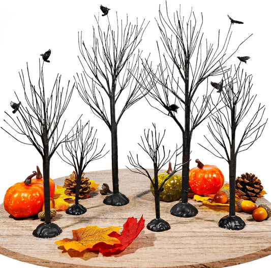Warmtree 6 Pcs Halloween Village Trees Mini Decor Tree Artificial Tabletop Branch Trees, Halloween Village Accessories with Crows Figurine for Holiday Home Garden Office Festival Decor
