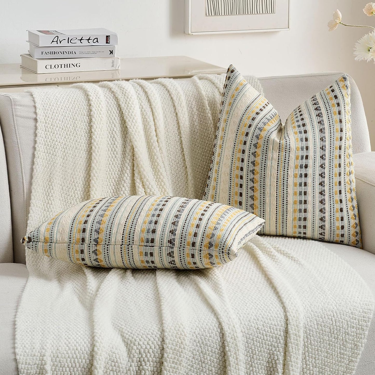 FUTEI Yellow Grey Decorative Throw Pillow Covers 24x24 Inch Set of 2,Soft Cozy Chenille Jacquard Textured Euro Pillow Shams,Boho Home Decor for Couch Bed Living Room