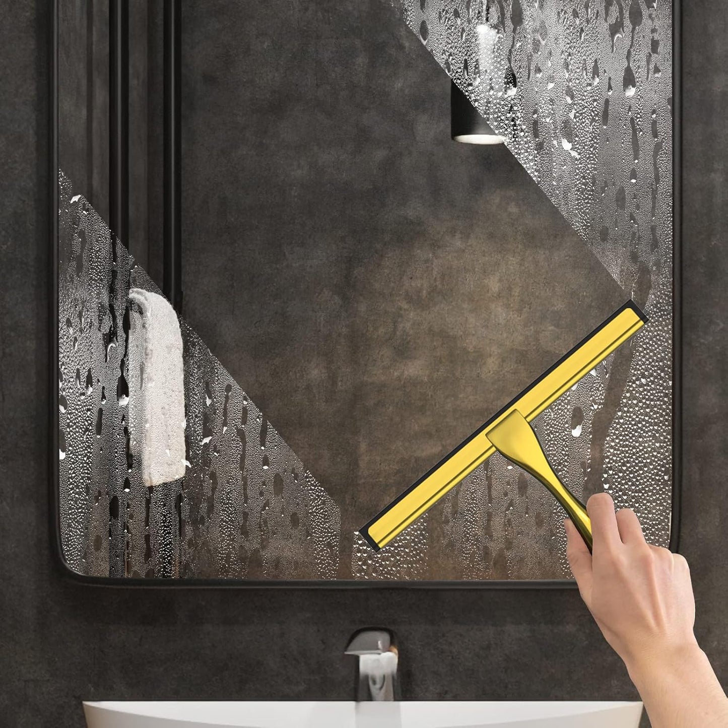 All-Purpose Stainless Steel Shower Squeegee for Shower Doors with 2 Adhesive Hooks, Bathroom Cleaner Tool Household Window Mirror Squeegee for Home Cleaning, Glass Door, Tile Wall, Car, 12 Inch Golden