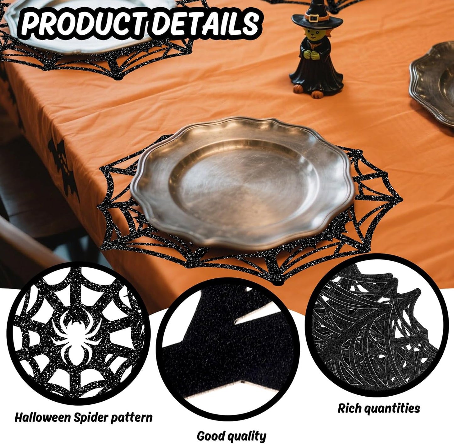 60Pcs Halloween Disposable Paper Placemats Glitter Black Spider Web Dining Table Mat Place Mats for Trick or Treat Party Home Table Setting, 13 x 13 Inch