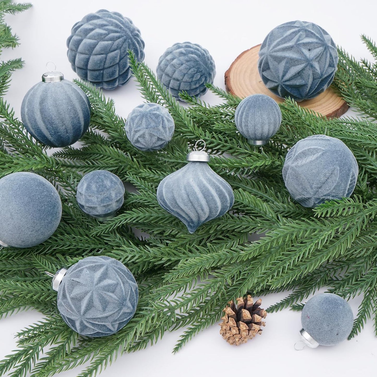 46PCS Velvet Christmas Ball Ornaments Set, Flocked Shatterproof Xmas Tree Decor, Assorted Hanging Ornaments with Loop for Holiday Home Decor, Christmas Tree, Mantel, Party Decoration (Gray Blue)