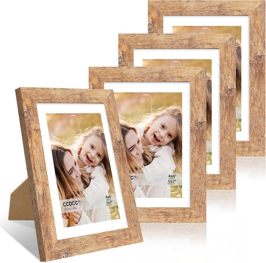 5x7 Picture Frame Set of 4, 5 x 7 Wood Photo Frames with Mat for 4x6, Natural Wooden Frame with Real Glass Cover for Wall and Tabletop Display,Brown