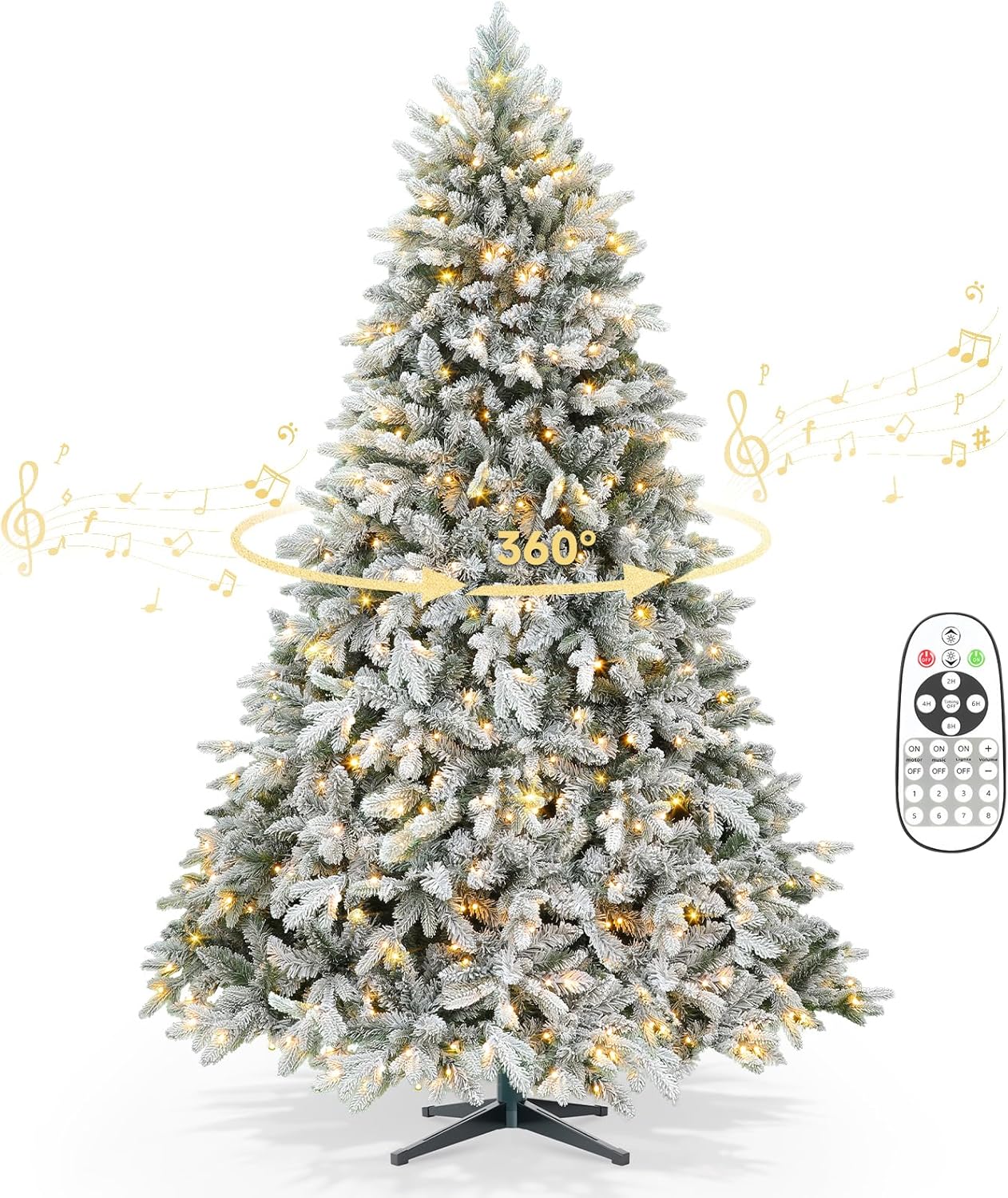 7.5ft 360° Rotating Pre-Lit Snow Flocked Christmas Tree, Built-in Music, Remote Control, 8 Light-Modes, White Christmas Tree for Home Decor