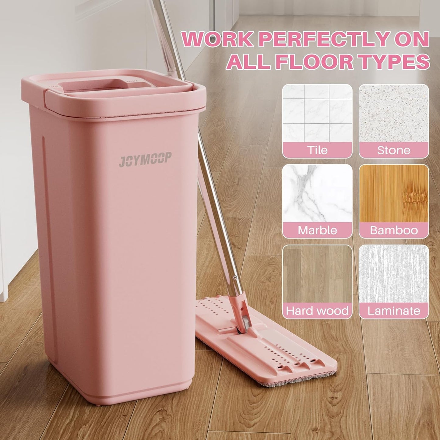 JOYMOOP Flat Mop Pads, Microfiber Mop Cleaning Pads, Washable Pads, Pads Replacement for Flat Mop or Mop Bucket Set, Pack of 4 Refills 13inch - Pink