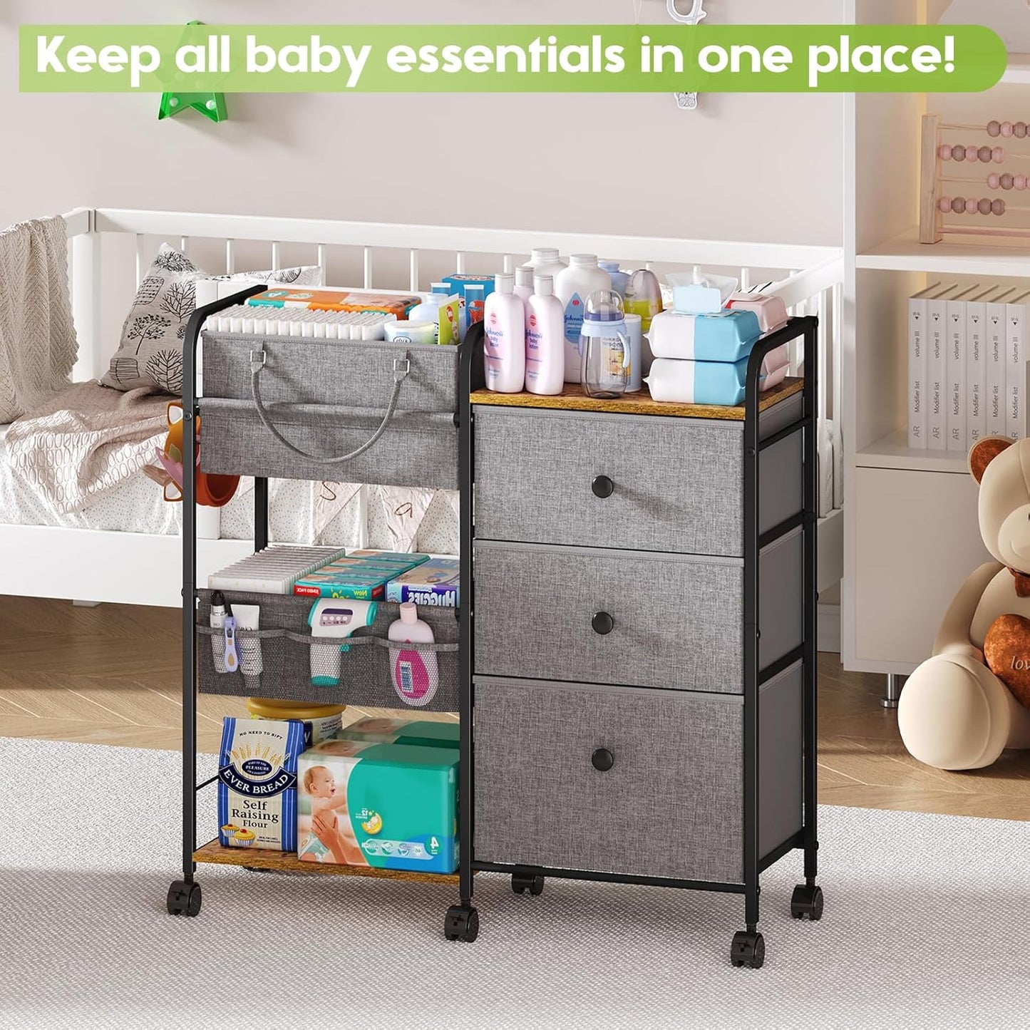 2In1 Baby Diaper Caddy Organizer and Storage, 3 Tier Rolling Cart with Dividers and Drawers, Mobile Utility Cart Baby Dresser Clothes Organizer for Changing Table, Crib Nursery, Bedroom, Grey