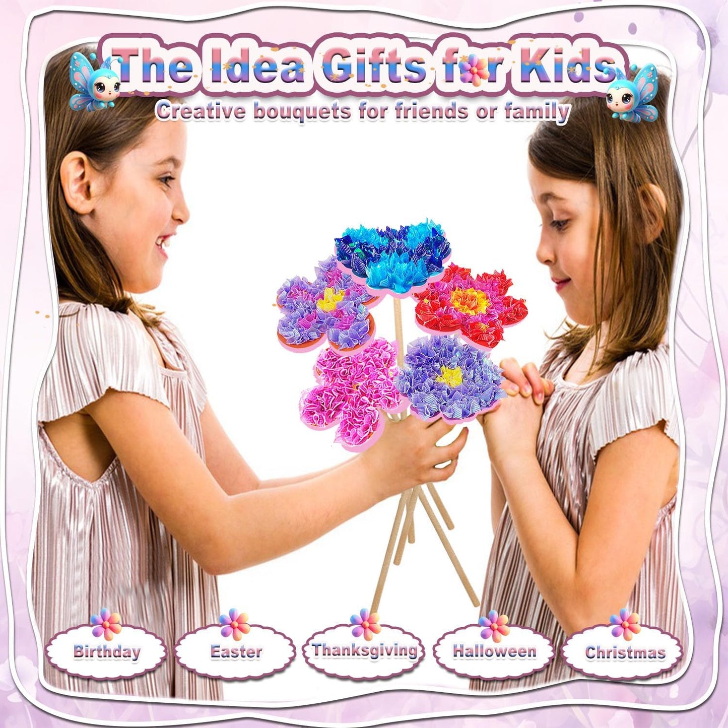 mom&myaboys Flower Bouquet Poke in Kit for Kids - Wooden DIY Craft Set Ages 4-9, No Glue Mess-Free Creative Activity, Fun Arts & Crafts Gift for Girls Boys, Preschool Classroom Birthday Party