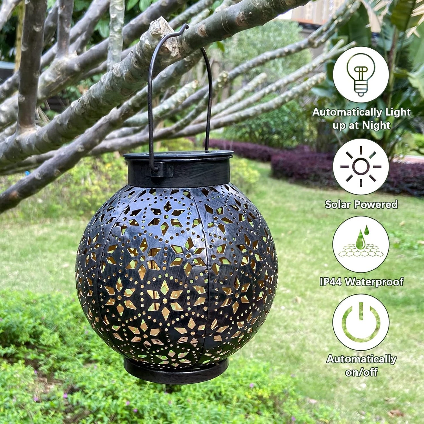 2 Pack Outdoor Solar Lantern Lights, Waterproof Tabletop LED Moroccan Lanterns, Hanging Metal Decorative Garden Lights for Patio, Lawn, Porch, Backyard