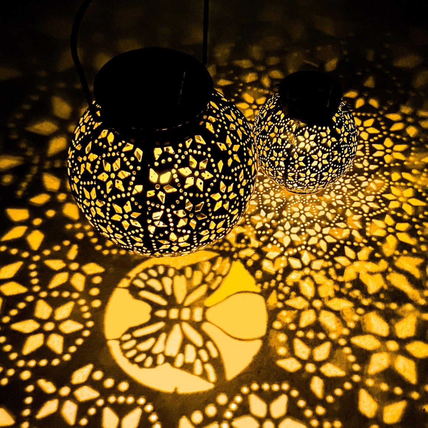 2 Pack Outdoor Solar Lantern Lights, Waterproof Tabletop LED Moroccan Lanterns, Hanging Metal Decorative Garden Lights for Patio, Lawn, Porch, Backyard