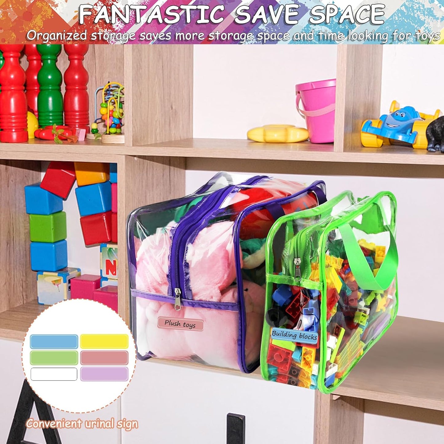 6 Colors Large Toy Storage Bags with Labels, Reusable Clear PVC Board Game Storage, Travel Waterproof Organizer Bags with Zipper for Building Blocks, Puzzle, Kids Books(3 large & 3 Widen X-Large)