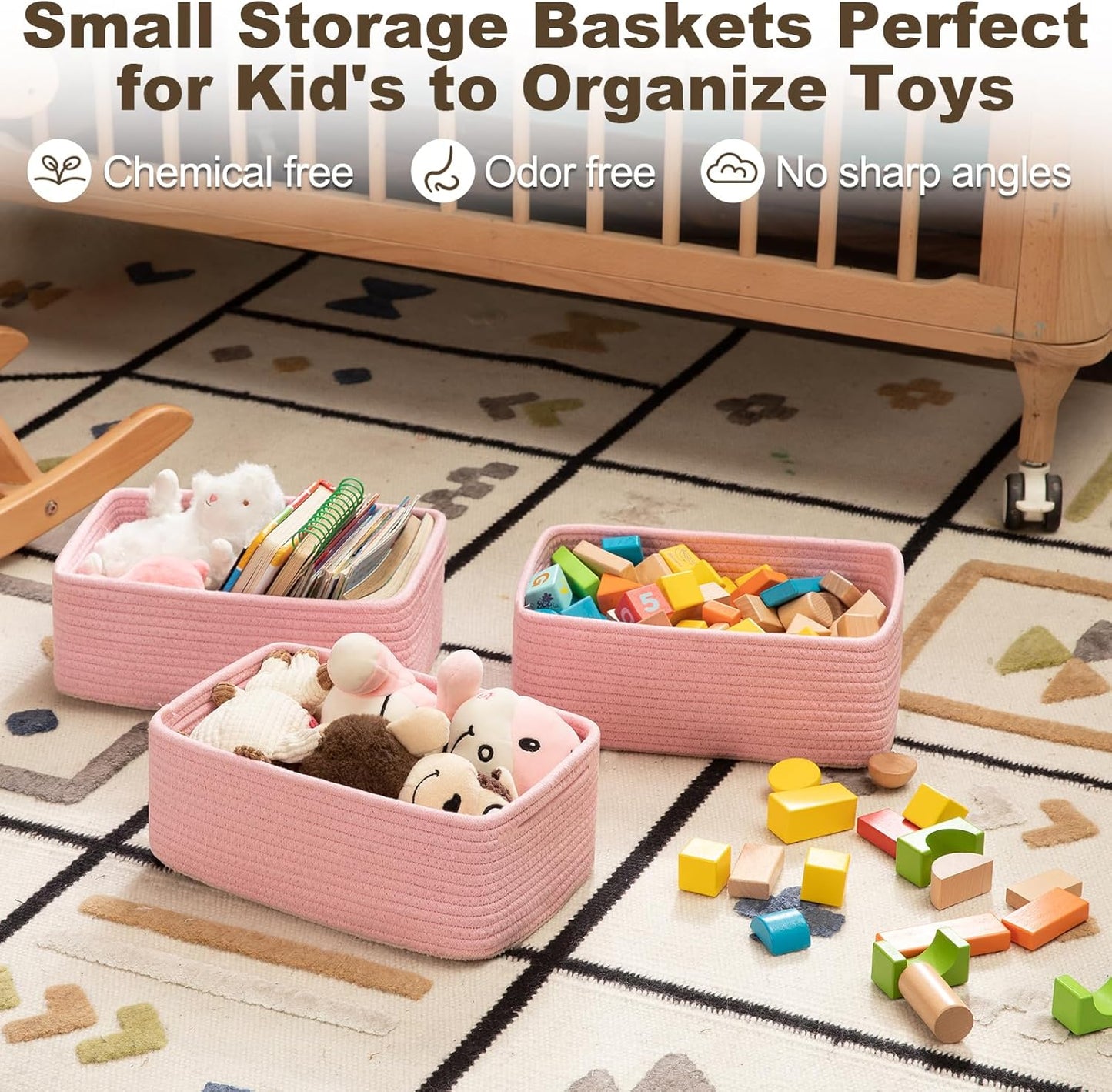 3 Pack Small Storage Baskets for Organizing, Cute Woven Decorative Gift Baskets for Shelves, Mini Closet Organizer Bins with Handles, 11.81''Lx7.87''Wx4.72''H-Pink