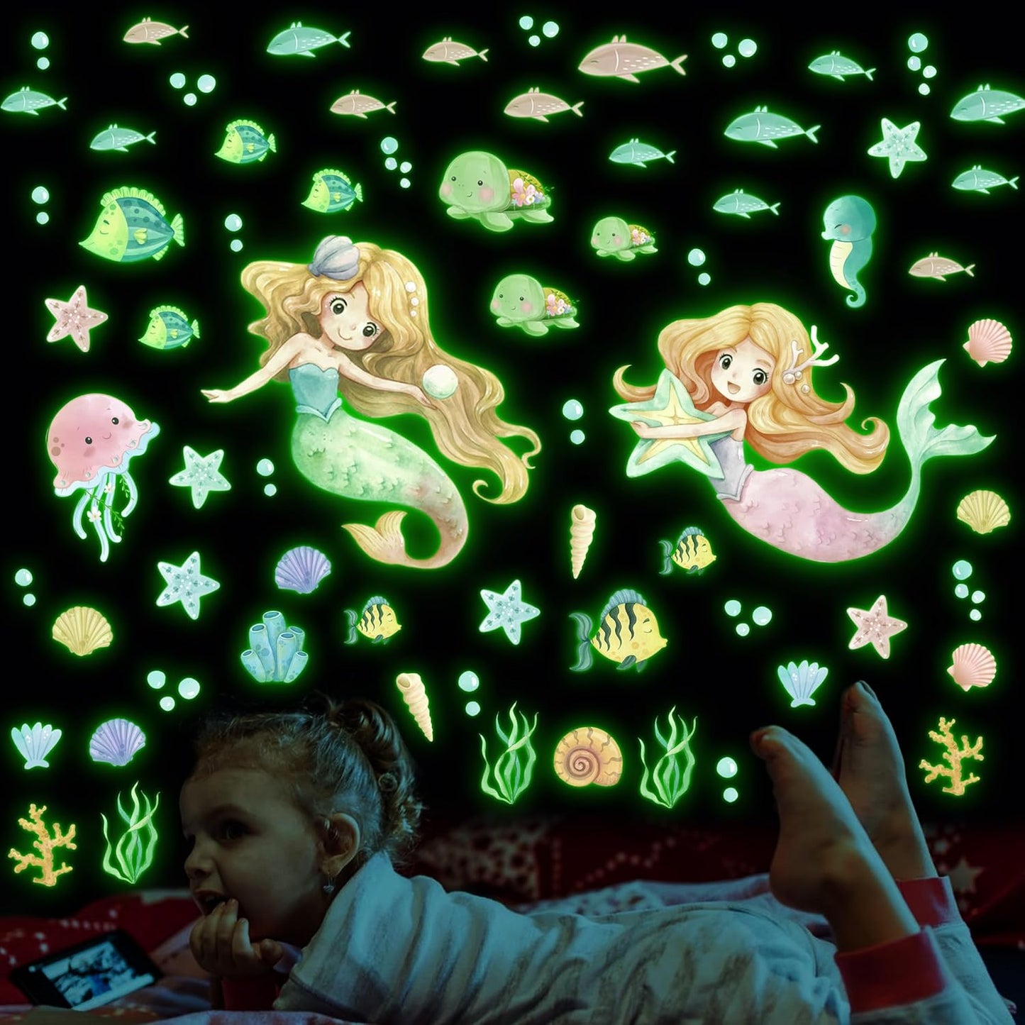 Glow in The Dark Stars Mermaid Wall Decals, Turtle Ocean Fish Stickers for Ceiling, DIY Wall Decor for Nursery Playroom Living Room, Birthday Christmas Gift