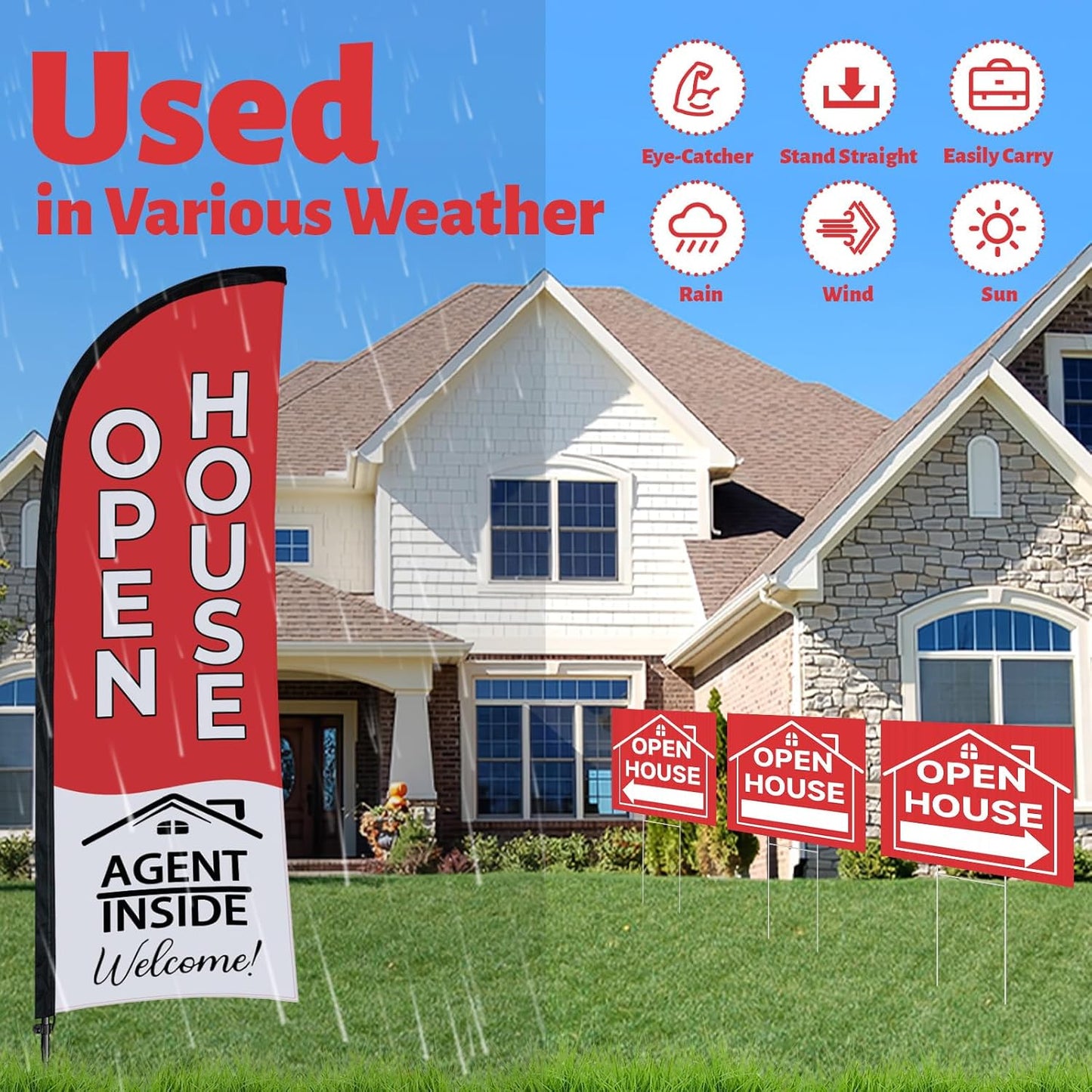 44 Pcs Open House Signs for Real Estate Agent Supplies, Double Sided Open House Flag with Poles Kit, 7.6 x 5.4 Ft Red Opening Sign Banner Set, 5 Pack Yard Signs with Metal Stakes 30 Balloons