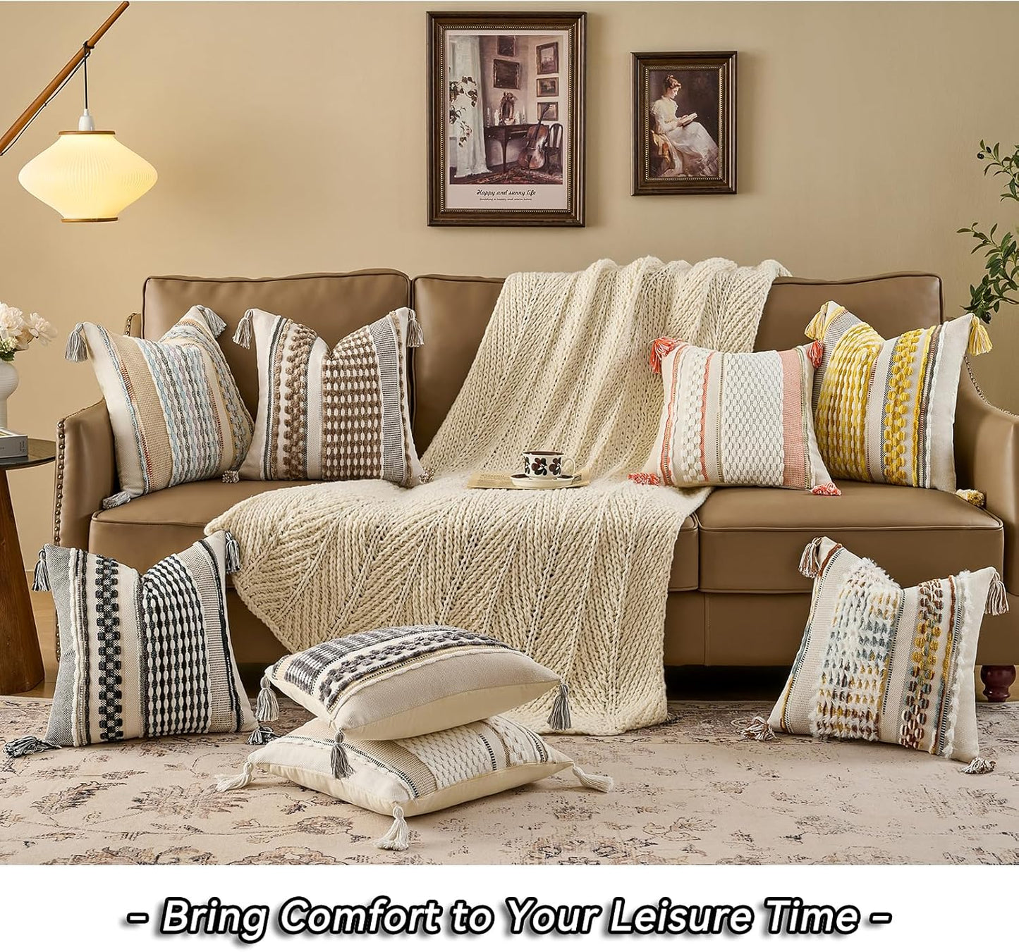 AmHoo Set of 2 Chenille Striped Textured Boho Throw Pillow Covers Aesthetic with Tassels Woven Decorative Pillow Case for Couch Bed Sofa Bedroom Modern Funky 18 x 18-Inch Taos Taupe