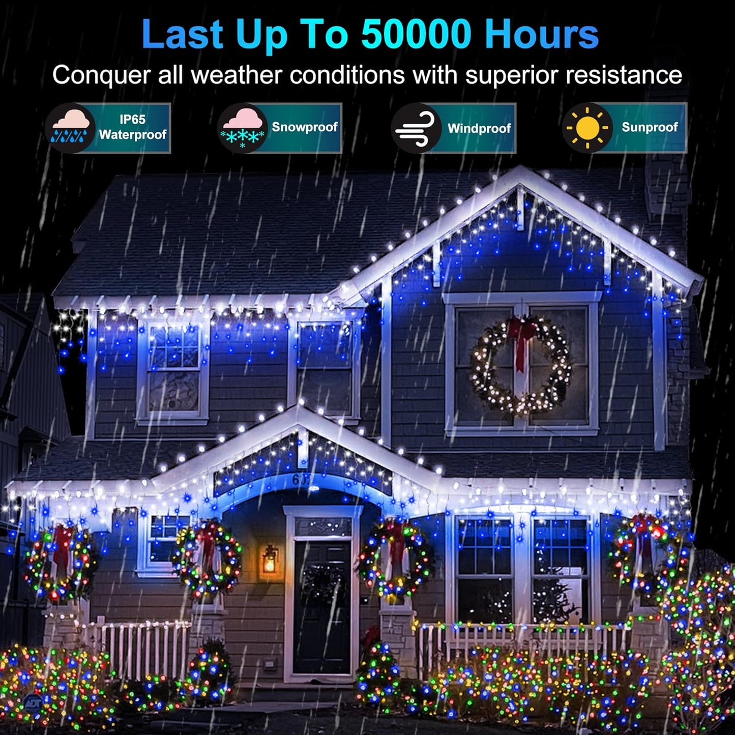 792 LED Christmas Outdoor Lights with 176 Drops, 82ft Hanging Curtain Lights 8 Modes, Christmas Fairy Lighs with Timer & Memory for House Roof Holiday Wedding Christmas Decor Blue & Cool White