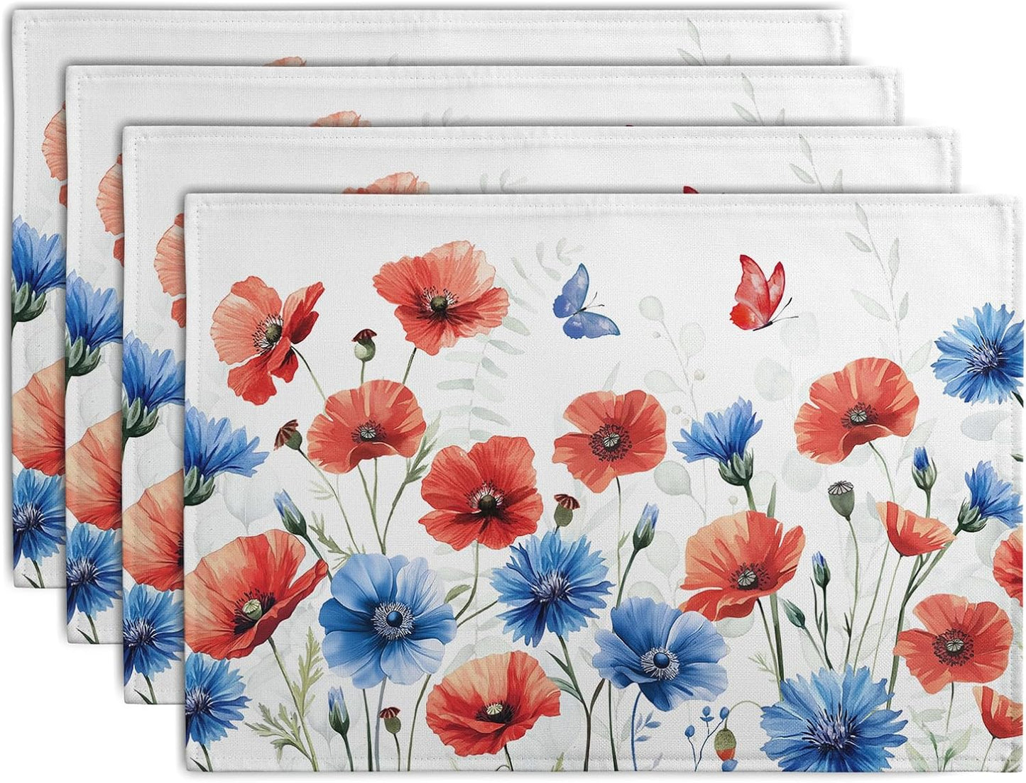 4th of July Floral Placemats Set of 4 Patriotic Summer Red Blue Flowers Linen Fabric Table Mats America Memorial Day Independence Day Place Mats for Party Kitchen Dining Decoration