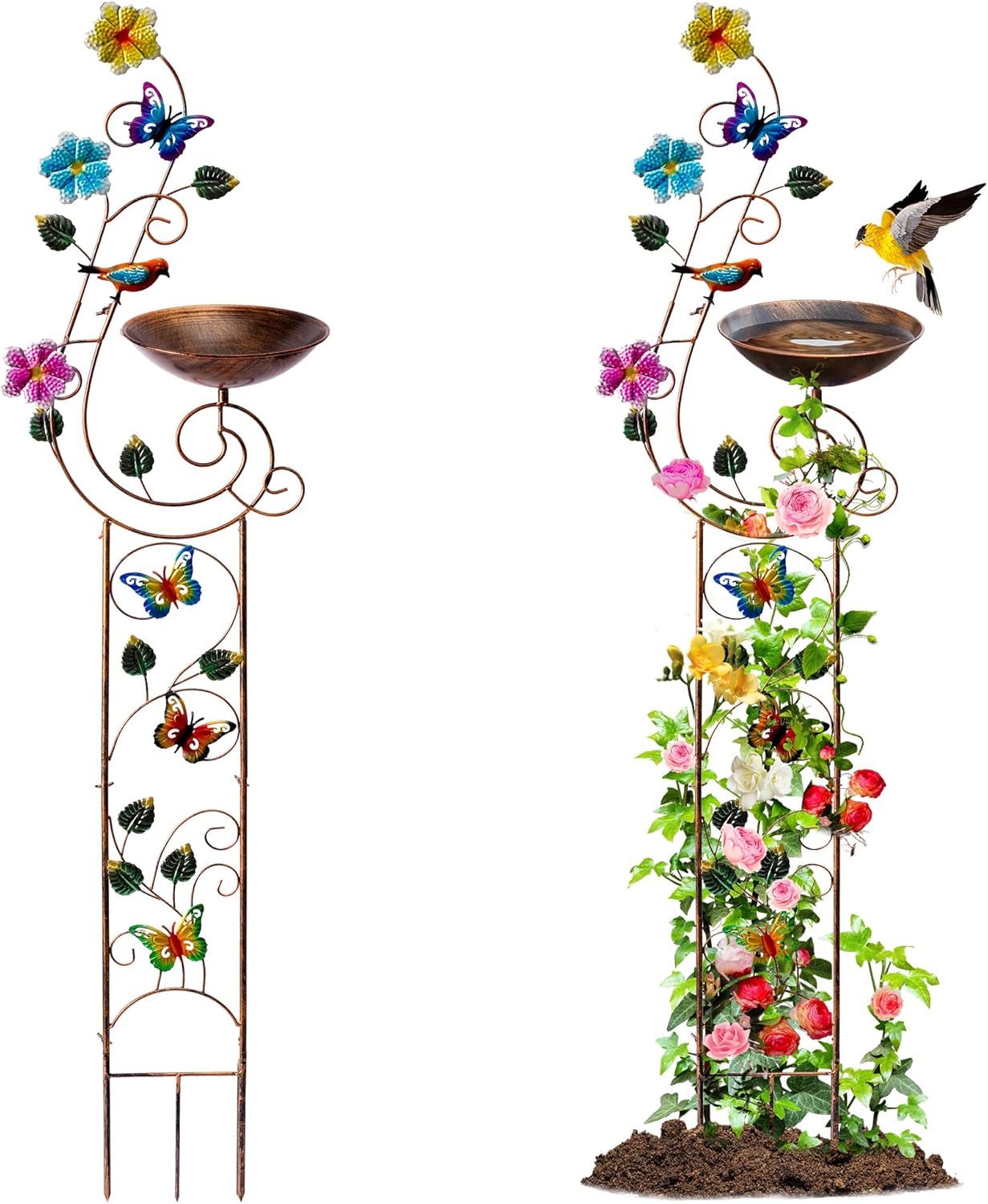 57" Height Metal Bird Bath with Trellis for Outdoor, Vintage Decorative Bird Baths, Small Garden Plant Support, Antique BirdBath for Climbing Plants with Detachable Iron Bowl (Butterfly)