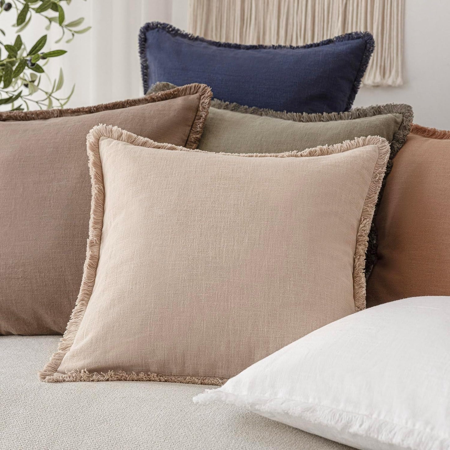 Foindtower Set of 2 Decorative Linen Fringe Throw Pillow Covers Boho Farmhouse Cushion Cover with Tassels Accent Pillowcase for Couch Chair Sofa Bed Living Room Home Decor,22×22 Inch,Tan Beige