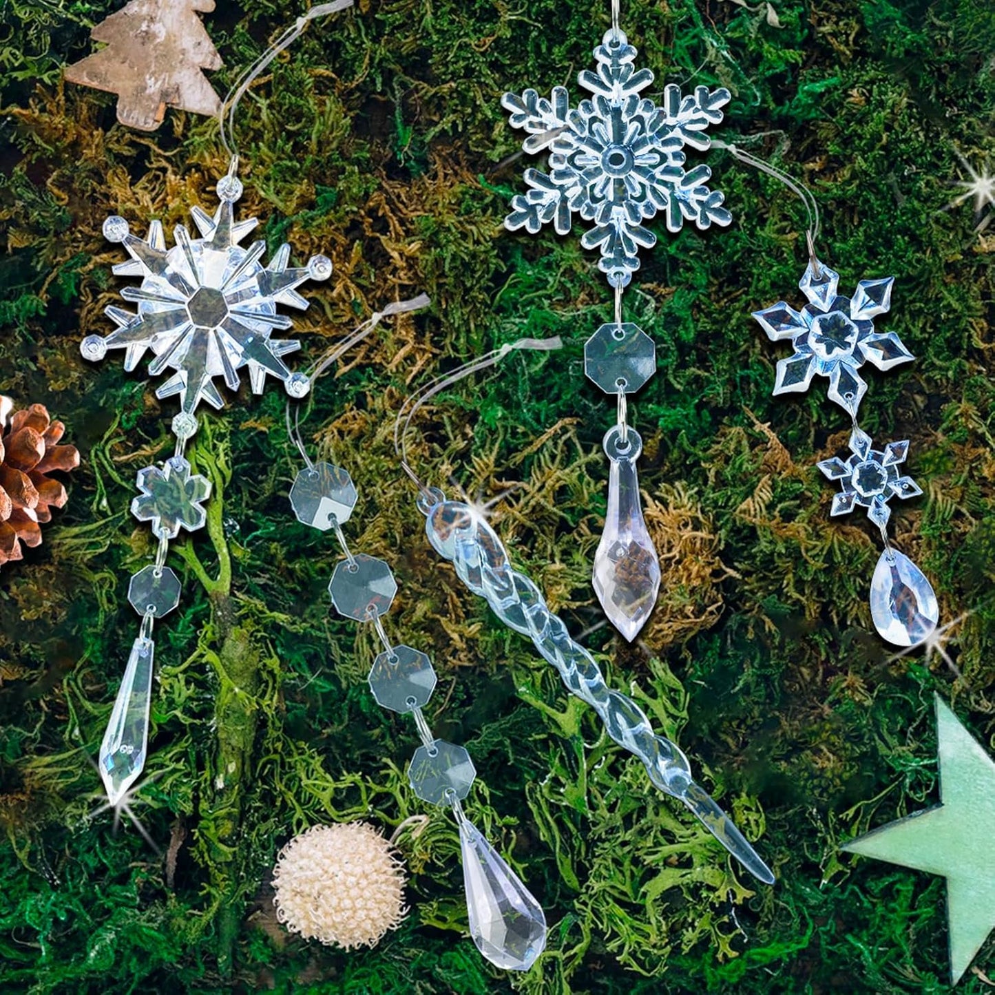 32pcs Crystal Christmas Ornaments for Christmas Tree Decorations-Blue Hanging Acrylic Snowflake and Icicle Ornaments with Drop Pendants for Xmas Winter Wonderland New Year Party Decorations Supplies