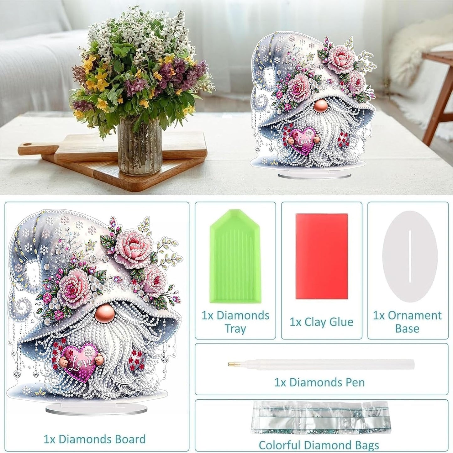 Diamond Painting Kits for Adults Beginners, 5D Full Drill Dwarf Love Crystal Art Desktop Ornament, DIY Single Sided Home Office Desk Decor, Creative Craft Gift Set with Tools