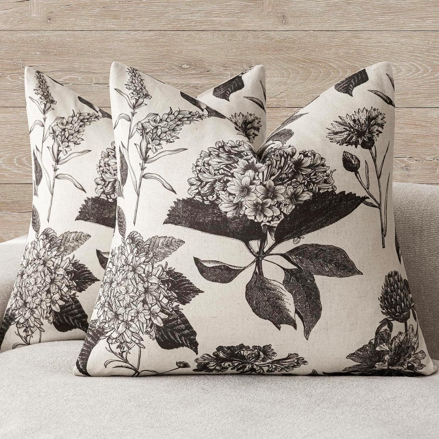 Foindtower Set of 2 Linen Floral Vintage Throw Pillow Covers Neutral Accent Print Decorative Cushion Covers Farmhouse Boho Home Decor for Sofa Chair Couch Bedroom Living Room Outdoor,24×24 Inch,Black