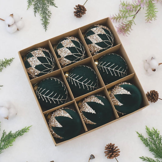 4inch Velvet Ornaments for Christmas Tree, 9PCS Glitter Flocked Christmas Ornaments Decorations Balls Set Decor Green