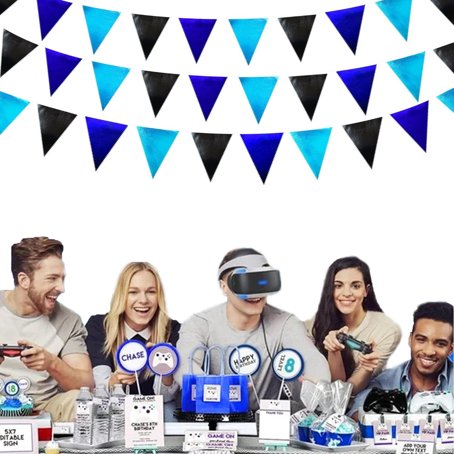 Black Blue Party Decorations Metallic Fabric Triangle Pennant Banner Flag Bunting Garland for Video Game Nautical Birthday Graduations Retirement Wedding Bachelorette Outdoor Holiday Party Supplies