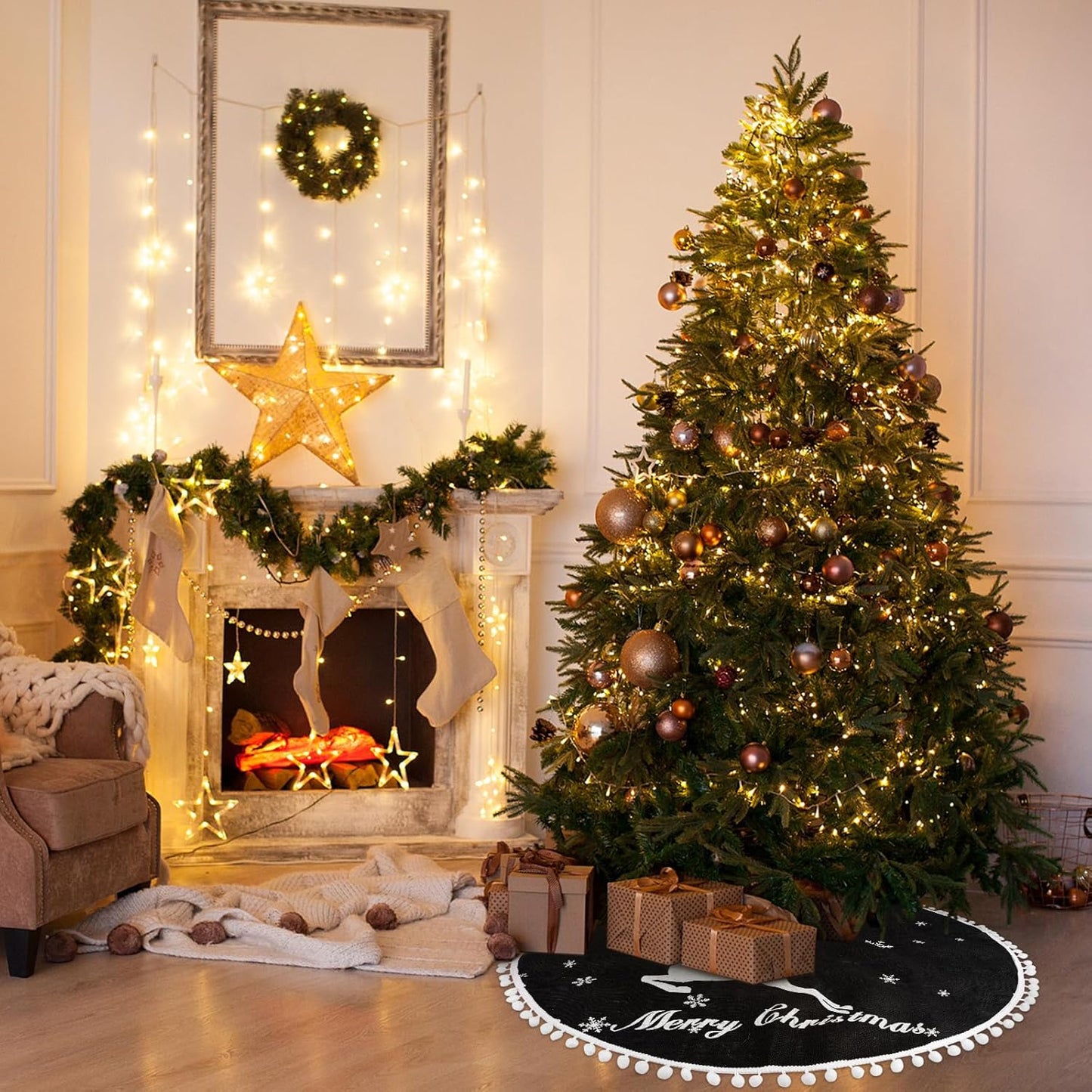 36 Inch Christmas Tree Skirt, Burlap Black Christmas Rustic Tree Skirt with Elk Deer and White Snowflake Printed for Holiday Party Xmas Tree Decoration