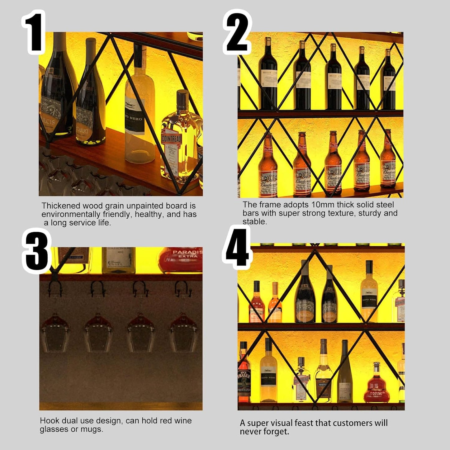 118in Wine Rack Wall Mount with Glass Holder, DIY Floating Wine Rack, Multi-Function Bar Wine Bottle Display Rack for Commercial Restaurants, Tea Rooms, Bars, Wine Cellars (black, 118in/300cm)