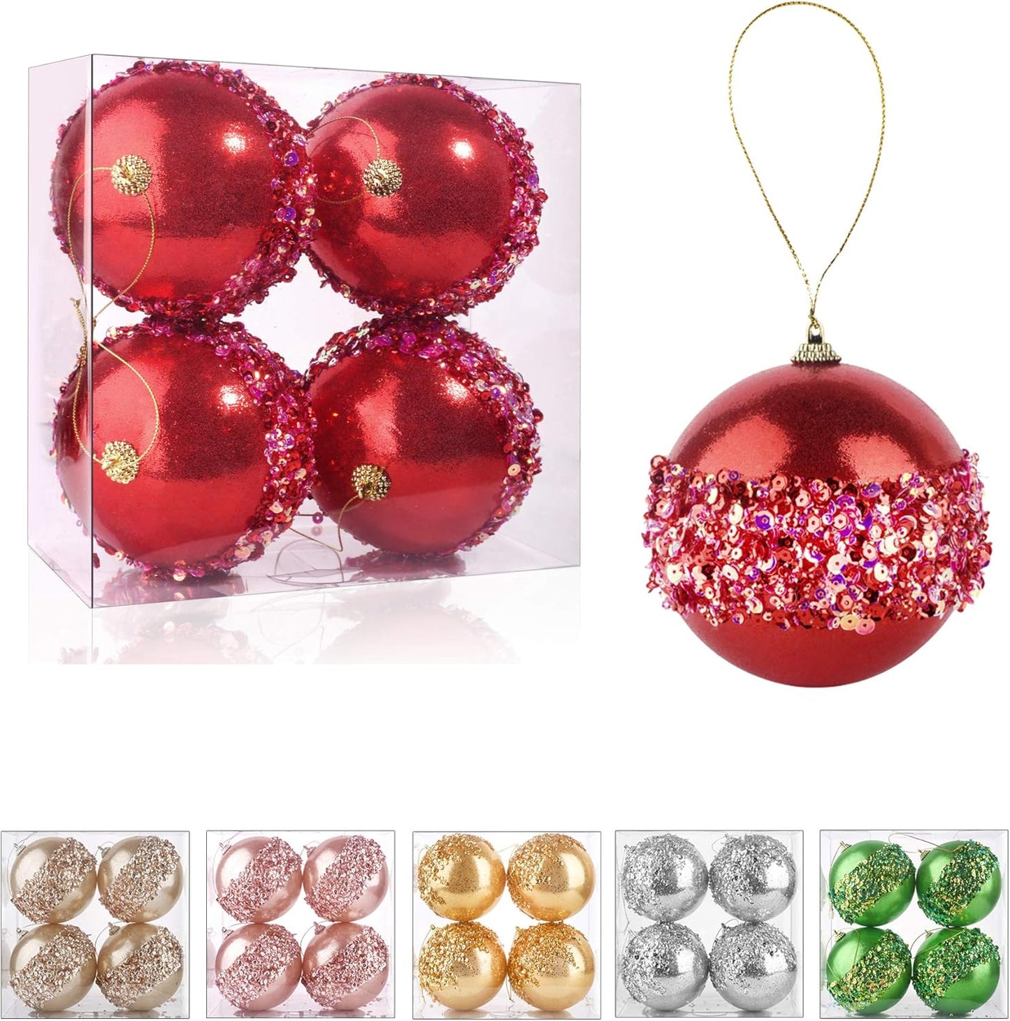 4" Christmas Ball Ornaments, 4pc Set Red Shatterproof Christmas Decorations Tree Balls for Xmas Trees Wedding Party Holiday Decorations