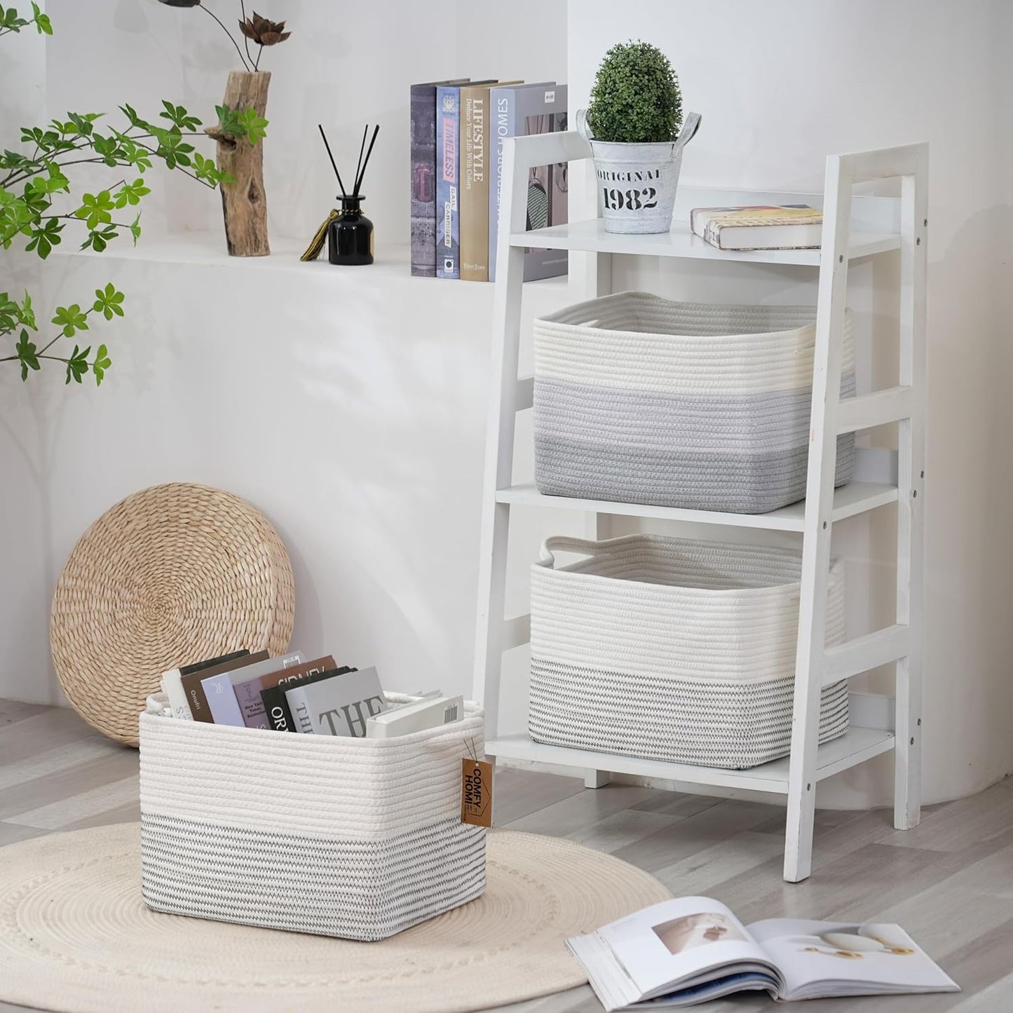 COMFY-HOMI Cotton Rope Woven Basket with Handles for Shelves,Toys,Book, Cloth Storage Baskets Bin for Organizing-13.5"x11"x9.5" Toy Decorative Organizer for Living Room, Bathroom-White/Black Line