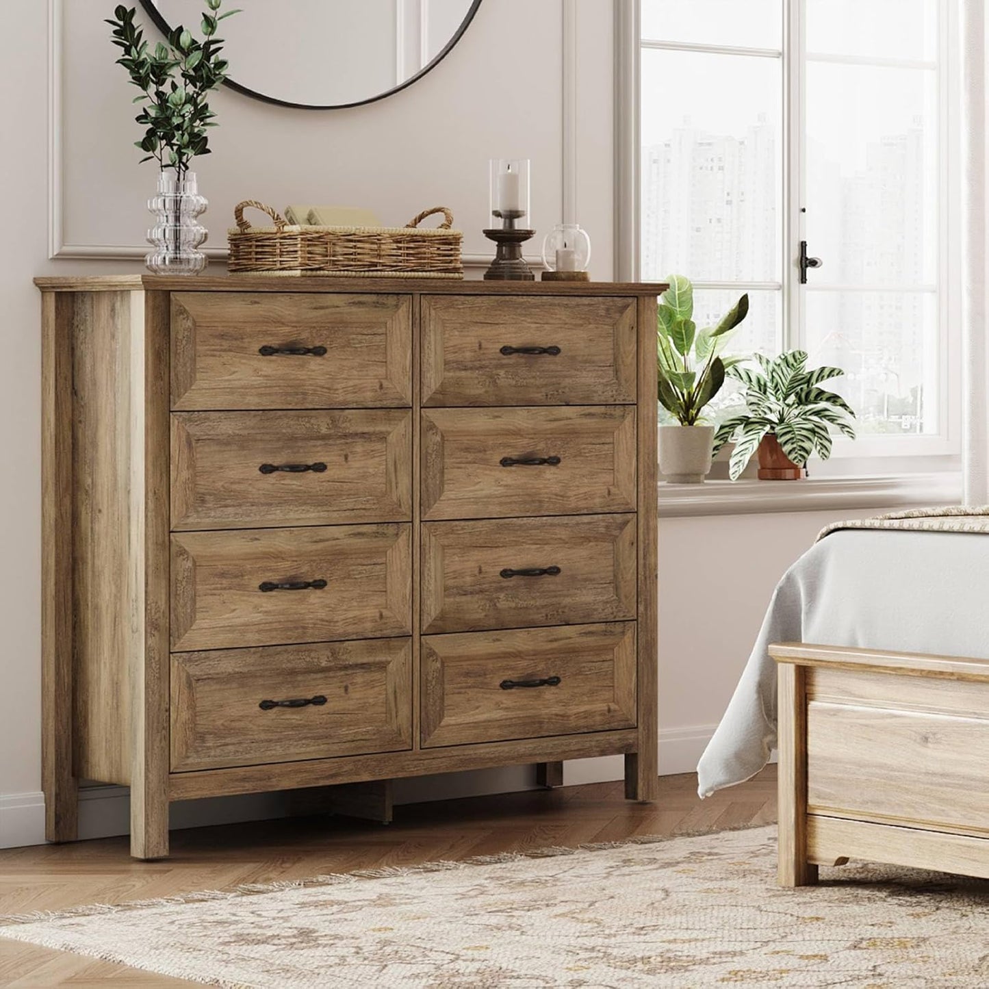 LINSY HOME Farmhouse 8 Drawers Dresser Chests for Bedroom, Wood Dresser Wide Chest of Drawers, Storage Dressers Organizer for Bedroom, Living Room,Hallway, SGS Certified