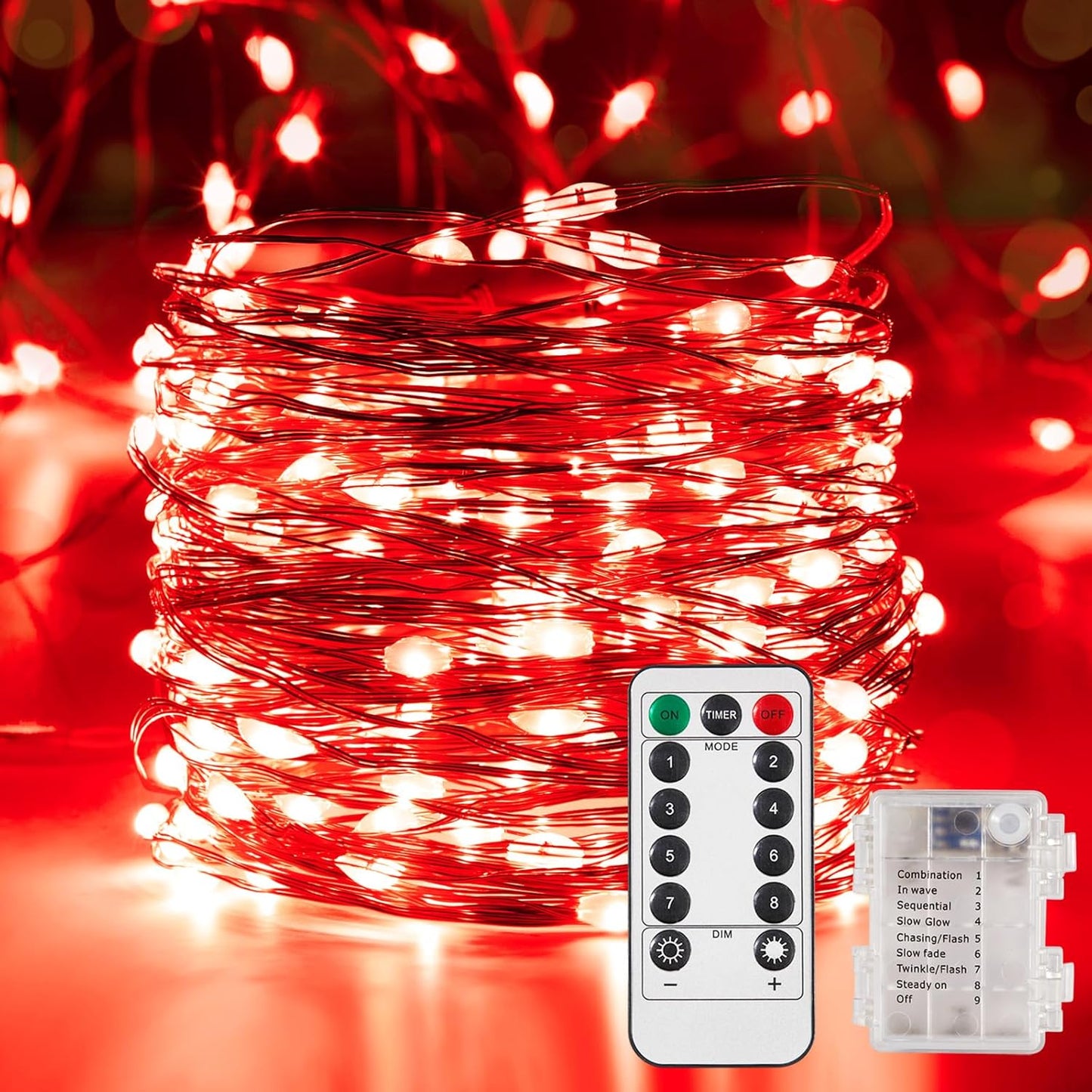 4 Pack 32.8 Ft. Battery Operated Outdoor String Lights with Remote & Timer, LED Red Fairy Lights, Waterproof Twinkle Lights for Bedroom, Dorm, Mason Jar, Wedding, Party, Christmas