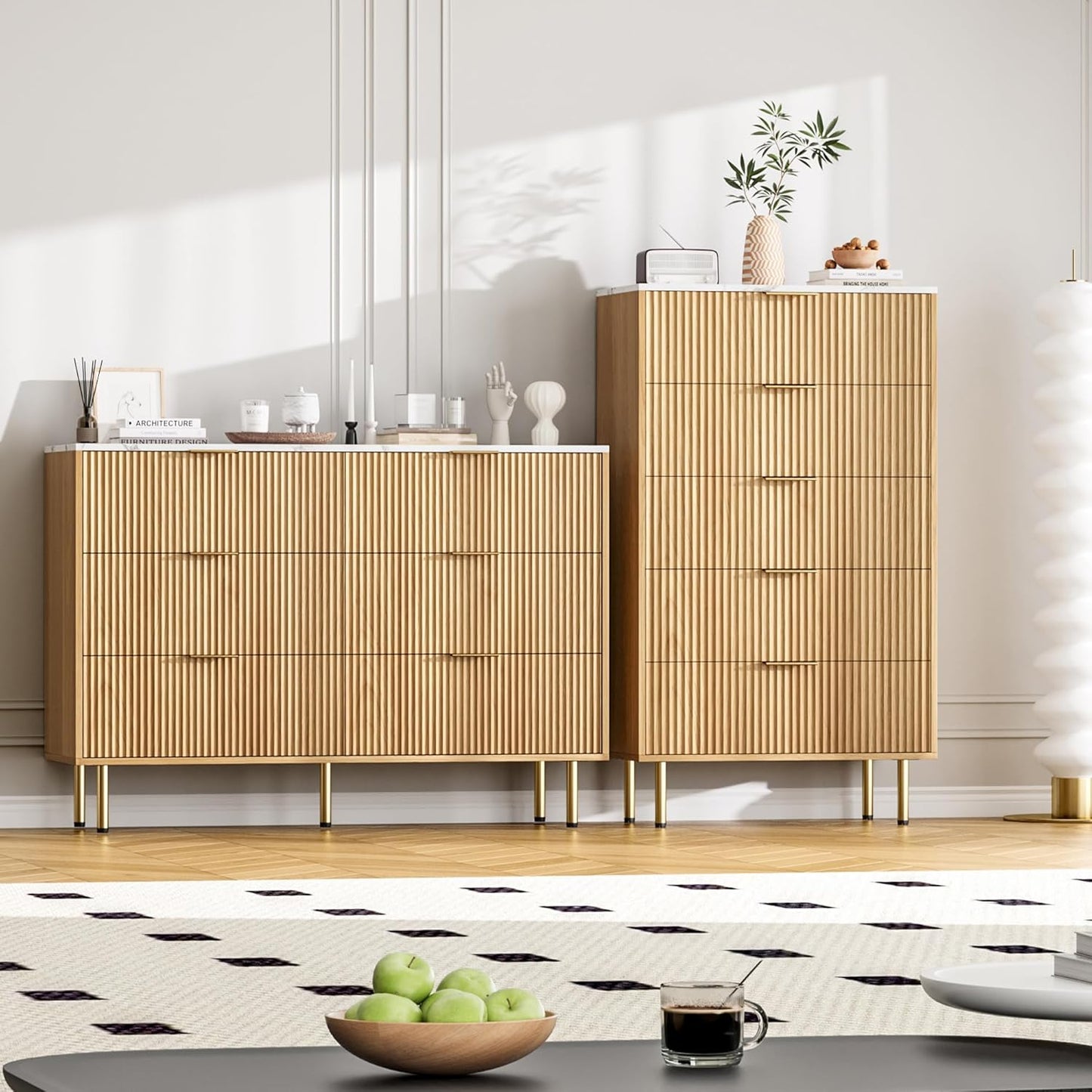 GarveeHome Fluted 6 Drawers Dresser for Bedroom, Modern Chest of Drawers, Tall Brown Dresser with Faux Marble Top and Gold Handle, Wood Drawer Organizer for Bedroom, Living Room, Hallway, Entryway