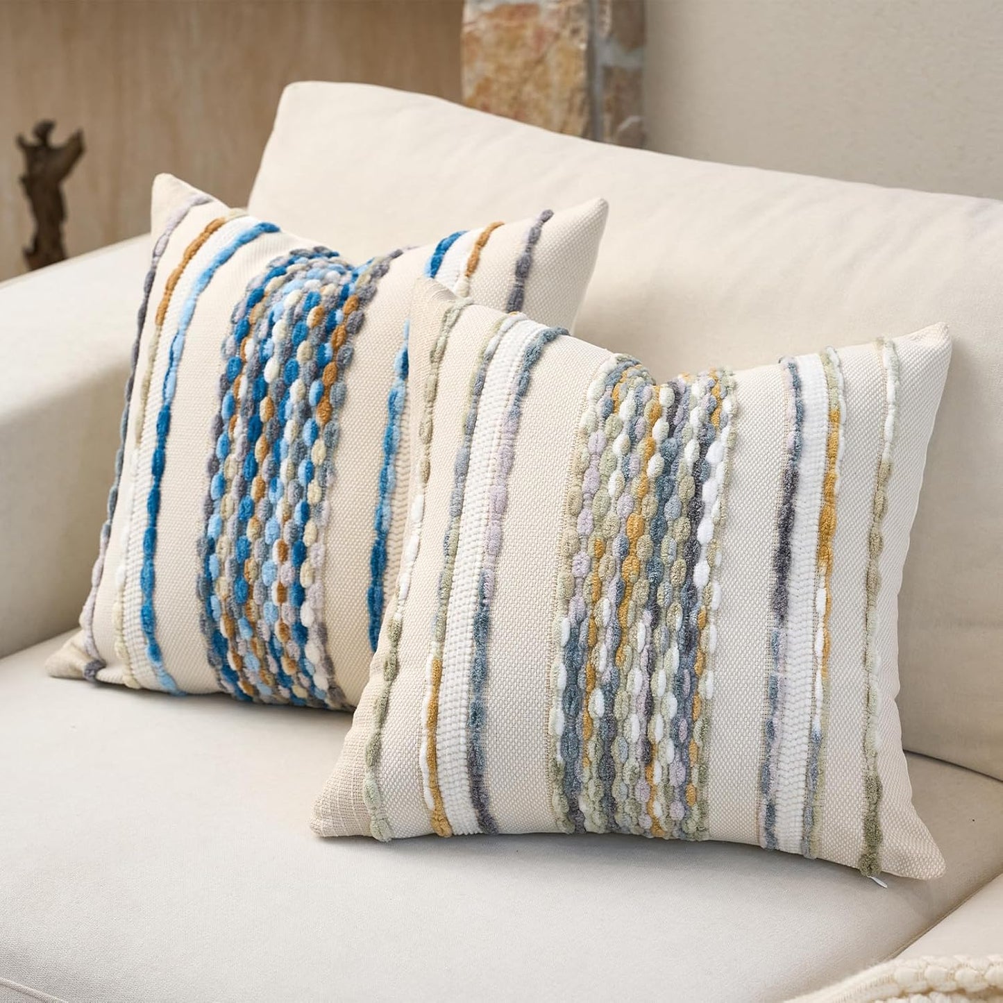 Aeckself Boho Pillow Covers 18x18 Inch Set of 2, Farmhouse Decorative Striped Square Chenille Tufted Accent Neutral Throw Pillow Covers for Living Room Couch Bed, Sky Blue