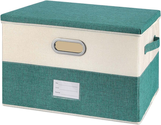 Large Linen Fabric Foldable Storage Bins with Removable Lid and Handles, Washable Storage Box Organizer Containers Baskets Cube with Cover for Bedroom,Closet,Office (Turquoise&Cream, Large)