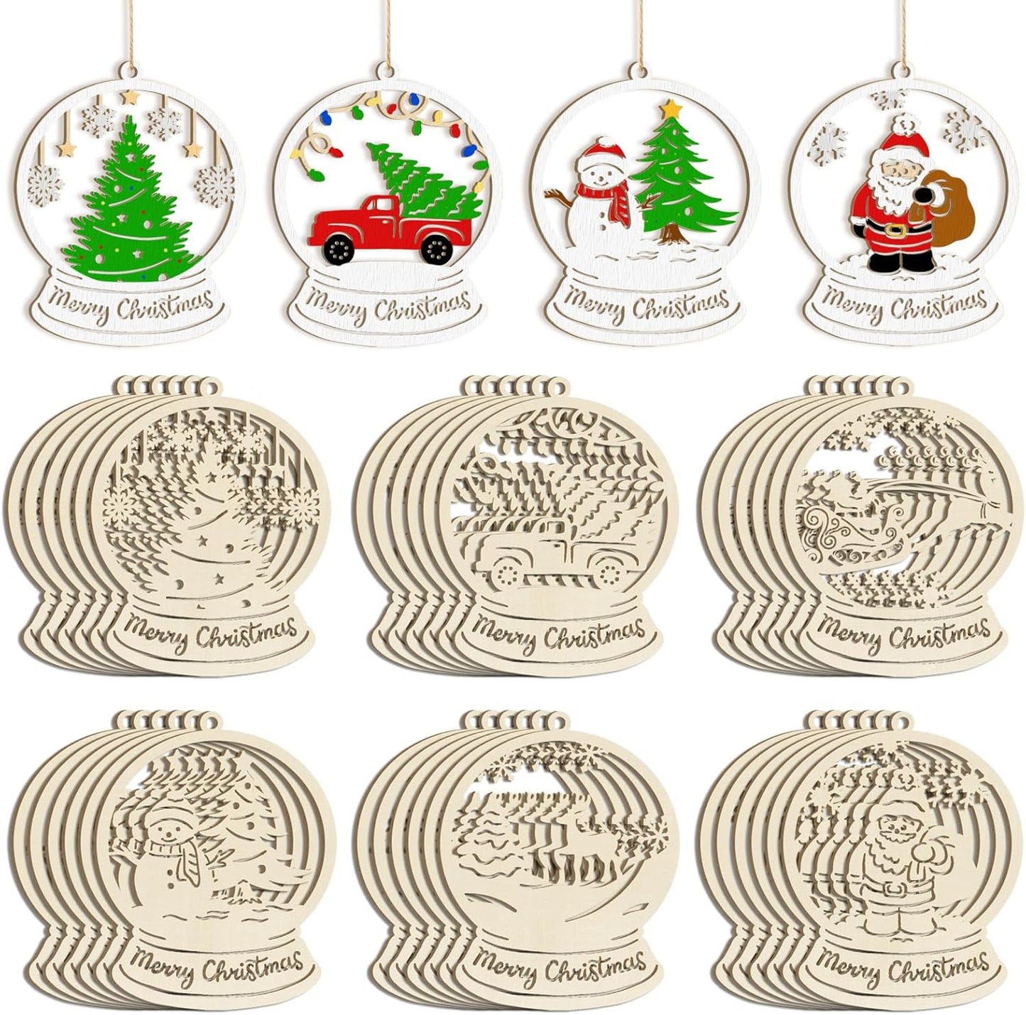 36PCS Wooden Hollow Christmas Ornaments for Paint Christmas Tree Decorations 6 Styles, DIY Blank Unfinished Wood Reindeer Santa Claus Snowman Snowflake Angle Cutouts for Crafts Winter Hanging Decora