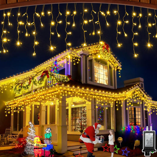 132FT 1332 LED Outdoor Christmas Lights - 296 Ice Drops, 12 Pro Modes with Timer Memory & Brightness, Waterproof Hanging Ice String Light for Holiday Wedding Garden Fence House Decor (Warm White)