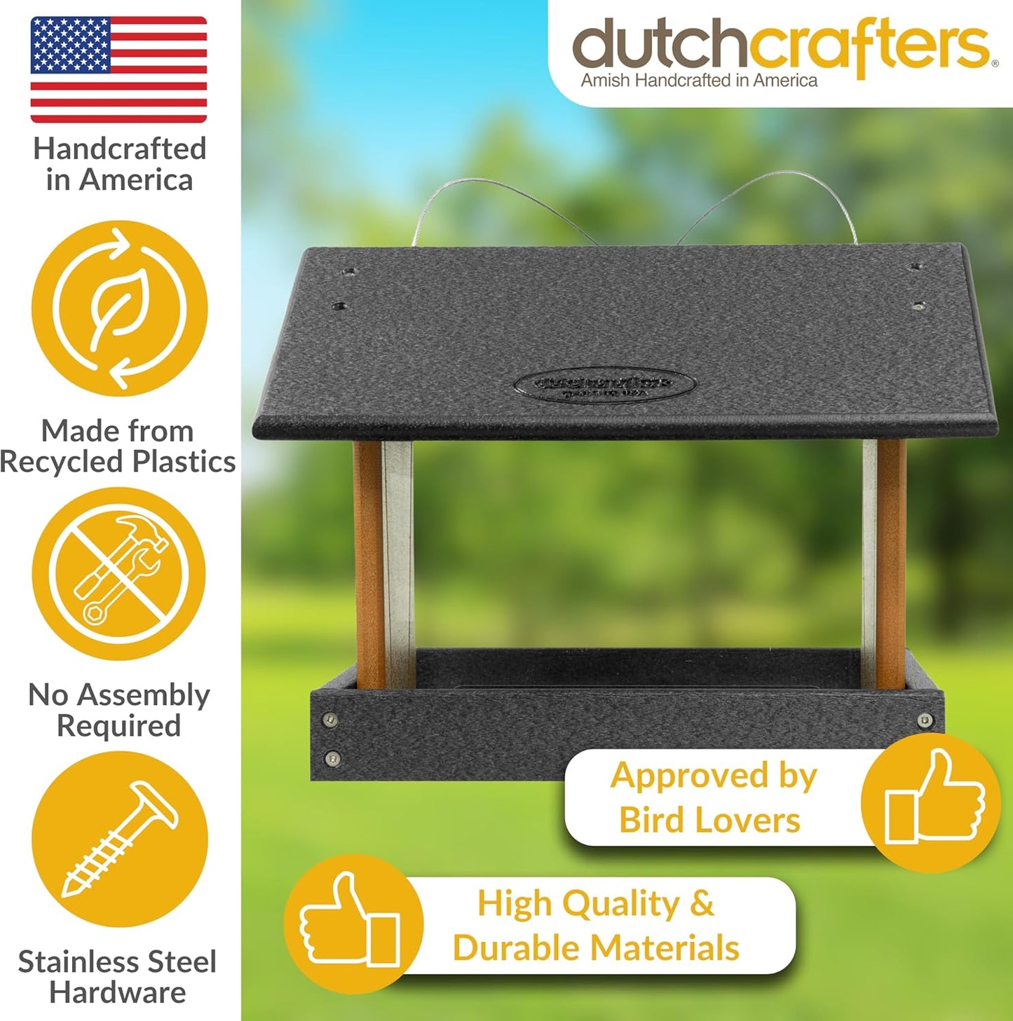 Poly Hanging Hopper Bird Feeder, Large Hanging Bird Feeder for Outside, Outdoors - Amish American Made (Black & Cedar)