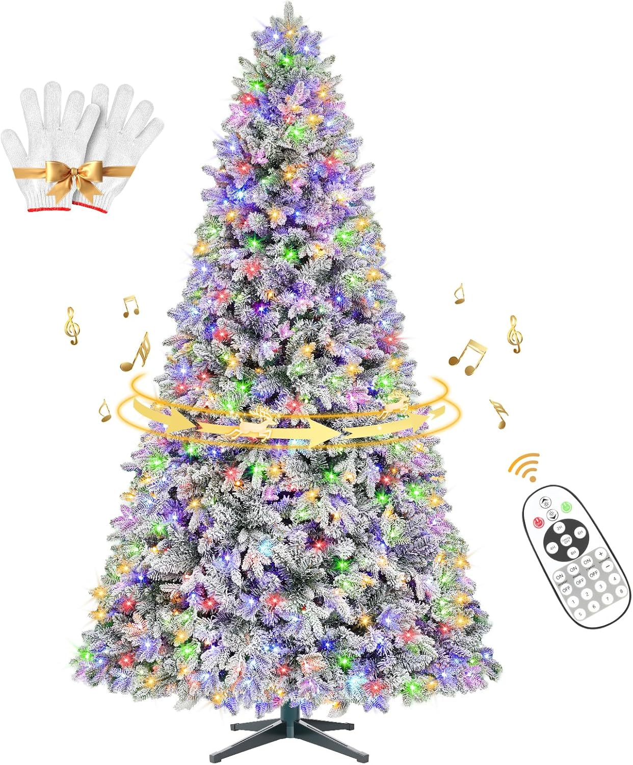 7.5ft Pre-Lit Snow Flocked Rotating Christmas Tree with 470 Multi-Color LED Lights, 1470 PE & PVC Tips - Realistic Artificial Tree for Holiday Decor