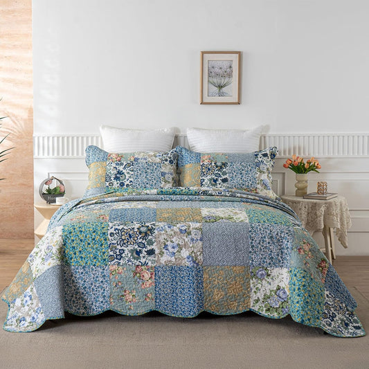YAYIDAY Oversized King Bedspreads Patchwork Quilt Set (120x118 Inch) - 100% Cotton Reversible Breathable Floral Quilted Coverlet with Pillow Shams Fit All Season