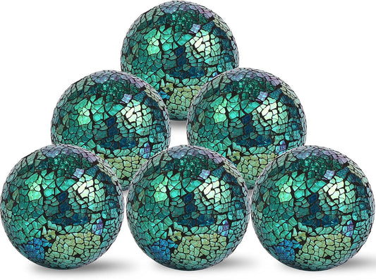 6Pcs Decorative Ball for Bowls, 8cm/3.15inch Mosaic Glass Centerpiece Decoration Balls Mirror Glass Ball Fillers for Home Decor Dining Tables Wedding Party (Turquoise)