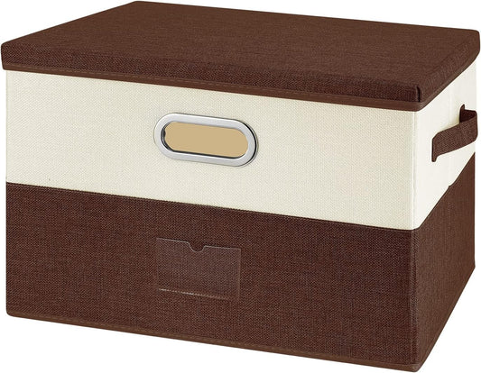 Large Linen Fabric Foldable Storage Bins with Removable Lid and Handles, Washable Storage Box Organizer Containers Baskets Cube with Cover for Bedroom,Closet,Office (Coffee&Cream, Medium)